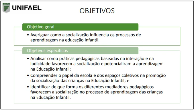 Slide de objetivos geral e específicos de TCC de Pedagogia com marca da UNIFAEL