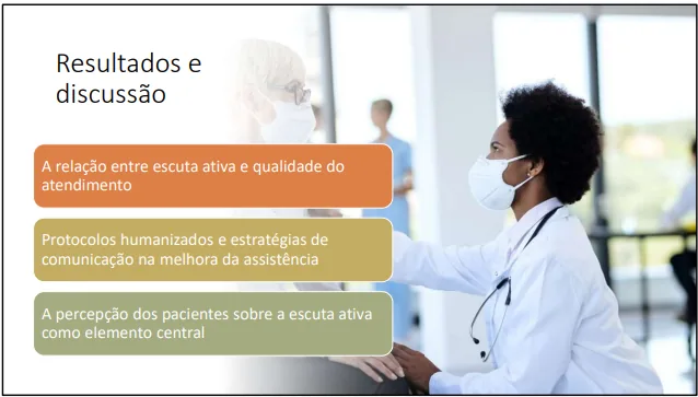 Slide de resultados e discussão de TCC de Enfermagem sobre escuta ativa no atendimento