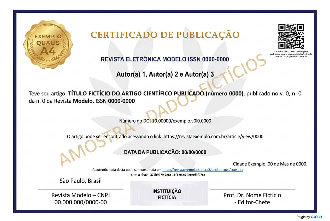 Exemplo fictício de certificado de publicação científica com DOI